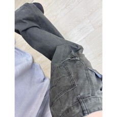 批发军绿色多口袋伐木工装裤<b class='q'>男</b>夏季做旧水洗牛仔裤美式高街弯刀直筒裤