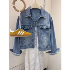 批发十三行高级感别致蕾丝下摆拼接牛仔外套女春秋季宽松气质百搭上衣