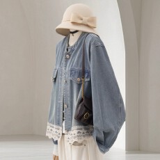 批发蕾丝拼接牛仔短外套女秋季新款法式<b class='q'>甜美</b>优雅气质立领夹克上衣