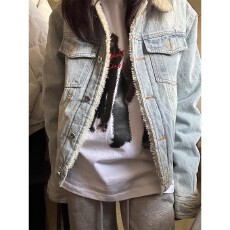 批发美式复古羊羔毛水洗<b class='q'>牛仔外</b><b class='q'>套男</b>女冬季加保暖厚高级感翻领工装夹克