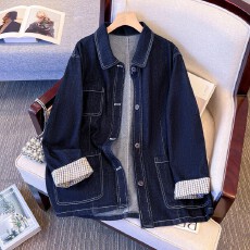 批发深蓝色复古明线牛仔外套女春<b class='q'>秋</b>2025新款宽松bf慵懒风拼接夹克上衣