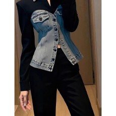 批发<b class='q'>秋</b>季法式小资上衣独特漂亮重要场合高级感气质收腰牛仔拼接衬衫女