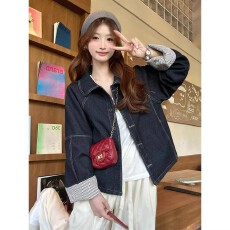 批发韩系条纹拼接长袖牛仔外套女<b class='q'>秋</b>季2025新款设计感休闲宽松夹克上衣
