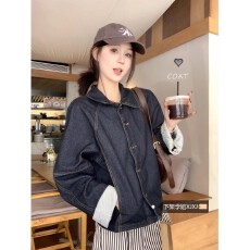 批发复古翻领时尚牛仔外套女<b class='q'>夏</b>季2025新款宽松显瘦百搭口袋单排扣上衣