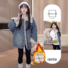 批发冬季<b class='q'>牛仔</b>外套女加绒加厚慵懒风港风复古保暖一体绒百搭夹克上衣女