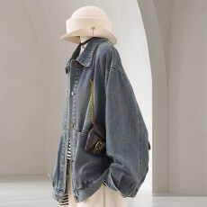批发蓝色牛仔外套女秋季新款复古港风高级感超好看宽松翻领夹克
