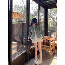 批发复古蓝色牛仔外套女<b class='q'>春</b>秋短款做旧牛仔衣夹克上衣