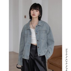 批发复古浅蓝色牛仔<b class='q'>外套</b>女2025秋季新款韩版宽松纯棉春秋休闲夹克上衣