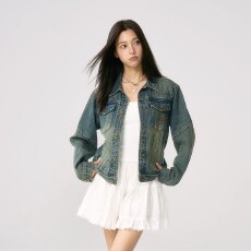 秋冬水洗复古牛仔夹克百搭宽松休闲工装基础翻领短款外套