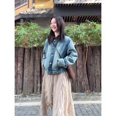 批发复古蓝色牛仔外套女2026春<b class='q'>秋</b>款时髦拼接皮领宽松休闲百搭夹克上衣