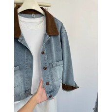 批发撞色翻领牛仔短外套女<b class='q'>秋</b>季新款韩里韩气灯芯绒拼接休闲夹克上衣