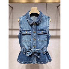 批发复古工装风<b class='q'>牛仔</b>马甲2026夏季新款系带收腰翻领单排扣无袖背心<b class='q'>上衣</b>