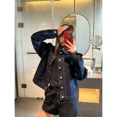 批发美式复古丹宁原牛绿松石纽扣牛仔短外套春<b class='q'>秋</b>男女宽松正肩夹克