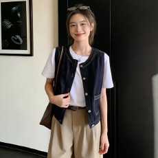 批发美式<b class='q'>百搭</b>气质复古无袖牛仔马甲女春季叠穿坎肩外搭显瘦短款上衣潮