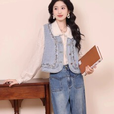 批发蓝色牛仔衣重工刺绣复古牛仔马甲外套女春<b class='q'>秋</b>款设计感叠穿百搭上衣
