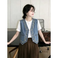 批发韩系法式复古刺绣<b class='q'>牛仔</b><b class='q'>马甲</b>女夏新款V领无袖时尚百搭叠穿<b class='q'>背心</b><b class='q'>马夹</b>