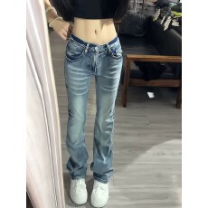 批发美式复古猫须低腰微喇叭牛仔<b class='q'>裤</b>女春夏款设计感做旧辣妹<b class='q'>弹力</b>休闲<b class='q'>裤</b>