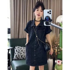 批发时尚洋气短袖<b class='q'>牛仔</b>连衣裙女POLO领衬衫裙夏季新款收腰显瘦a字短裙