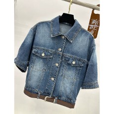 批发高端欧货2026年夏季新款翻领单排扣配腰带水洗<b class='q'>牛仔</b>短袖外套衬衣女