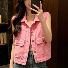 批发大码2026夏季新款粉色牛仔<b class='q'>马甲女</b>装大口袋坎肩外搭无袖短款上衣潮