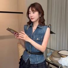 批发高级感复古牛仔马甲女夏季薄款小个子收腰显瘦无袖坎肩配裙子上衣