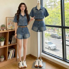 批发薄款牛仔短裤<b class='q'>连体</b>裤女2026新款夏季大码胖mm显瘦小个子直筒阔腿裤