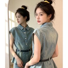 批发气质蓝色牛仔衬衫女<b class='q'>春</b>夏季无袖收腰显瘦小个子高级设计感上衣马夹