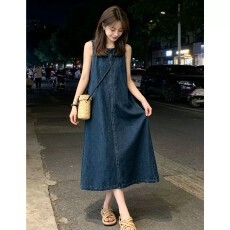 批发韩系简约牛仔连衣<b class='q'>裙</b>女夏新款圆领<b class='q'>无袖</b>小个子收腰a字复古背心<b class='q'>裙</b>子