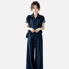 批发夏季新款时尚减龄2026牛仔短袖<b class='q'>套装</b>衬衫直筒两件套
