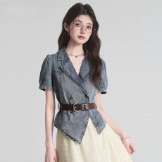 批发送腰带复古<b class='q'>短</b>袖薄款牛仔衬衫<b class='q'>外套女</b>夏季设计感气质百搭显瘦衬衣