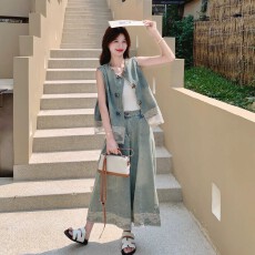 批发轻熟设计感牛仔<b class='q'>套装</b><b class='q'>女</b>2026夏季新款休闲蕾丝拼接马甲阔腿裤<b class='q'>两件</b>套