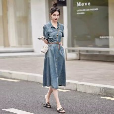 批发薄款复古显瘦短袖牛仔连衣裙2026年新款女夏季高级感中长款小个子