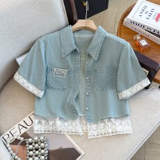 批发<b class='q'>品牌</b><b class='q'>折扣</b>蕾丝花边拼接短款牛仔外套女夏季盐系穿搭短袖牛仔上衣潮