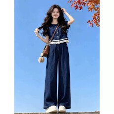 批发法式复古牛仔套装女<b class='q'>夏</b>慵懒显瘦蕾丝拼接短袖阔腿裤休闲运动两件套