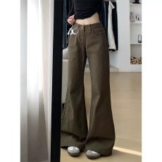 批发小个子美拉德咖色阔腿微喇<b class='q'>牛仔裤</b>女低腰<b class='q'>显瘦</b>宽松休闲拖地喇叭长裤