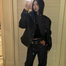 批发美式复古秋冬<b class='q'>街头</b>原牛明线斜门襟立领牛仔夹克男短宽牛仔硬挺外套