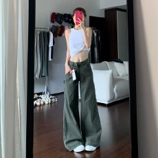 批发美式复古军绿色工装<b class='q'>裤</b>弯刀牛仔<b class='q'>裤</b>女夏季2026新款宽松直筒阔腿<b class='q'>裤</b>子