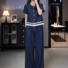 批发洋气时髦时尚套装女2026<b class='q'>夏</b>新款短袖开衫上衣牛仔高腰阔腿裤两件套