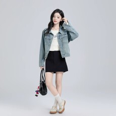 批发蓝色短款软牛仔外套女<b class='q'>秋</b>季2026新款港味美式复古宽松百搭夹克上衣
