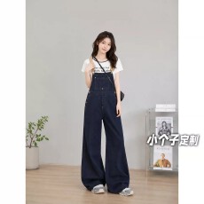 批发150小矮个子复古牛仔背带裤女夏季显瘦高腰阔腿宽松<b class='q'>连体</b><b class='q'>裤</b>薄款145