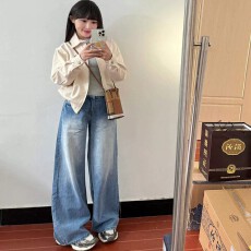 批发小个子XS美式复古做旧阔腿牛仔裤女长裤宽松直筒垂感拖地裤