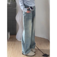 批发美式浅色阔腿牛仔裤女2026<b class='q'>秋</b>季新款爆款小个子高腰宽松垂感直筒裤