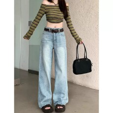 批发小个子浅色裤子2026新款今年流行爆款牛仔裤女款高腰垂感阔腿裤<b class='q'>夏</b>