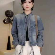 批发复古<b class='q'>牛仔</b>设计感复古时尚短款小个子立领做旧蓝工装<b class='q'>牛仔</b>夹克外套女