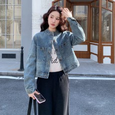 批发做旧水洗复古立领<b class='q'>牛仔</b>短款外套女春秋超火小众高级感休闲夹克上衣