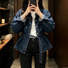 批发秋季新款<b class='q'>韩版</b>复古做旧绑带收腰长袖牛仔<b class='q'>衬衫</b>大码女装时尚通勤上衣