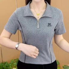 批发纯棉新款中年妈妈短袖T恤女洋气减龄休闲显瘦舒适设计感翻领上衣