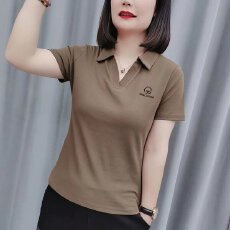 批发纯棉日常简约舒适穿搭遮肉显瘦短袖<b class='q'>夏</b>季百搭时髦V型翻领薄款T恤衫