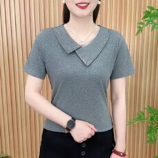 批发不规则翻领套头T恤女<b class='q'>时尚</b><b class='q'>潮流</b>简约纯色百搭洋气减龄舒适短袖上衣