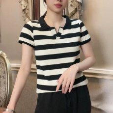批发纯棉女士<b class='q'>潮流</b><b class='q'>时尚</b>气质POLO衫显瘦T恤夏季百搭小众设计感条纹短袖